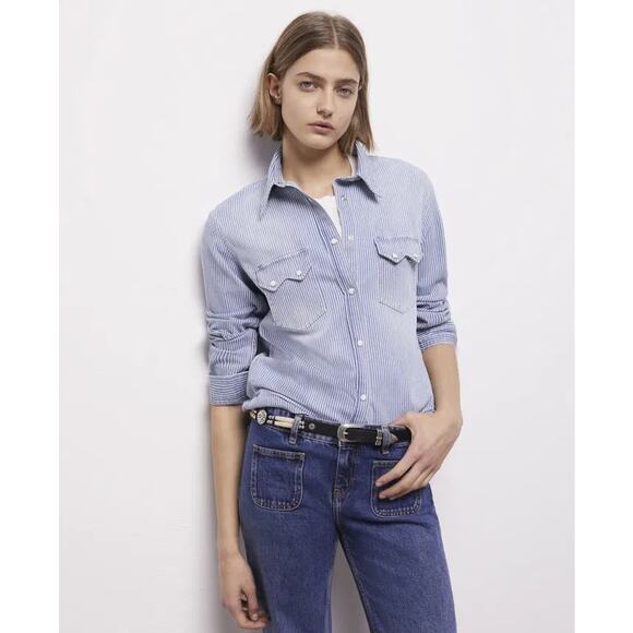 The Kooples Blue Striped Western Snap Shirt Size 3 (Fits M) - Picture 9 of 9